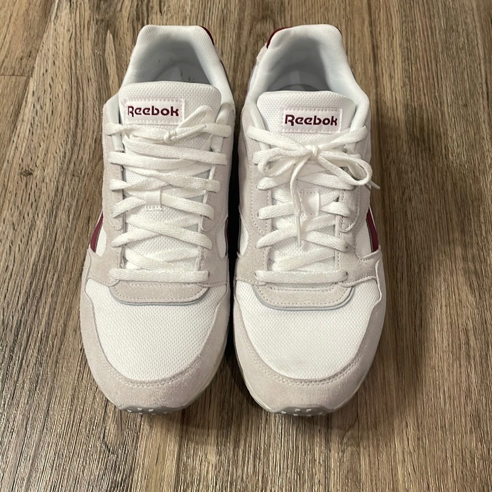 Reebok shoe white with grey and burgundy accent